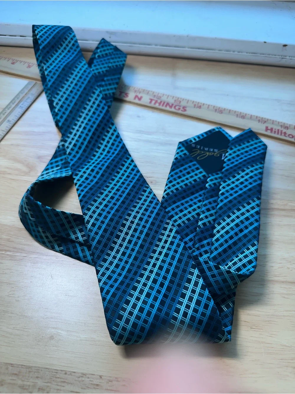 Men's CM Gold series Teal Plaid 64” long Tie - Modern Diagonal Pattern